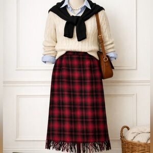 Vtg Woolrich Fringe Maxi Skirt Plaid Wool Women 16 Plus Red Black Long Boho